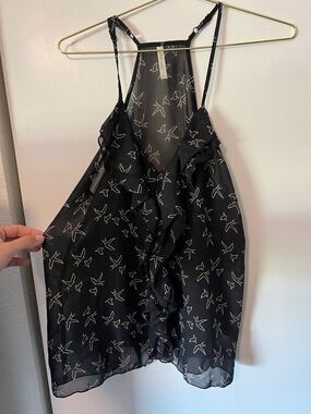 DNA couture Black Sheer Ruffle Halter Tank with Bird Print